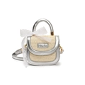Mini beige straw bag for girls with silver trim and a white lace bow detail - Gray