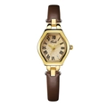 Vintage gold tonneau quartz watch for women with brown leather strap and Roman numerals - Brown Strap Gold Case Gold Dial