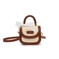 Brown leather and straw woven crossbody bag with white lace bow and shoulder strap - Brown