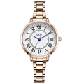 Elegant rose gold women's quartz watch with white Roman numeral dial and blue hands - Rose Gold Case White Dial