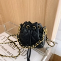 Quilted black drawstring bucket bag for kids with gold chain strap and chic design - Black