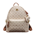 Fashionable beige backpack with brown trim, NK letter prints and bow charm - Oversized / With Pendant / Off-white