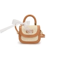 Mini brown leather and straw woven crossbody bag for girls with a white lace bow detail - Yellow Brown