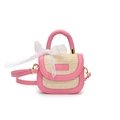 Mini sac à main en cuir rose et paille tressée beige avec un joli nœud en dentelle - Rose foncé