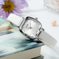 Elegant white leather strap watch with a silver square dial and geometric cut glass - Silver Case White Dial White Strap