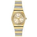 GEDI Luxus-Quarzuhr für Damen mit Kristalllünette und gestreiftem Bambusarmband - Bicolor Gold mit goldenem Zifferblatt