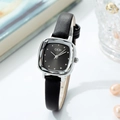 Gedi vintage rectangular watch with black leather strap and textured grey dial - Silver Case Black Dial Black Strap
