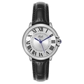 Classic silver quartz watch with black leather strap, Roman numerals, and blue hands - Silver Case Silver Dial Black Band