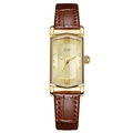 Vintage gold rectangular quartz watch for women with brown leather strap and sunray dial - Gold Case Gold Dial Brown Strap