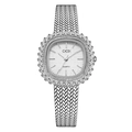 Silver square quartz watch for women with rhinestone bezel and woven metal strap - Silver Case White Dial Mesh Strap