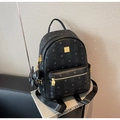 Black backpack with cute cartoon bear print and stylish gold hardware studs - Bare Bag / Black