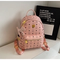 Pink PU leather backpack with cartoon bear prints and golden rivet accents - Bare Bag / Pink