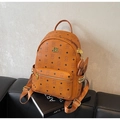 Brown large capacity backpack with cartoon bear print and golden metal logo plaque - Bare Bag / Brown