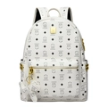 White fashion backpack with bear print, gold studs, and matching puppy charm - With Pendant / White