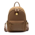 Fashionable brown woven PU leather backpack with gold rivet side pockets and metal logo - Brown