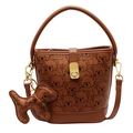 Brown bucket bag with bear print, gold lock, puppy charm, and adjustable shoulder strap - With Pendant / Brown