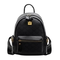 Chic black faux leather backpack with classic pattern prints and gold stud details - Black Small