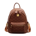 Brown faux leather backpack with monogram print and golden metal rivet side pockets - Brown Small