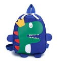 Blue kids backpack with green cartoon dinosaur and yellow crown on white background - Blue