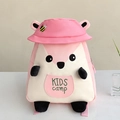 Close-up of pink squirrel backpack showing 3D ears, bee print, and KIDS camp embroidery - Pink