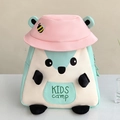 Close-up of pink kids backpack featuring 3D animal paws and embroidered sun hat detail - Green