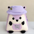Detail of cartoon squirrel backpack with bee embroidery and KIDS camp front pocket - Purple