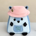 Detail of cute blue squirrel kids backpack featuring a pink bucket hat and bee embroidery - Blue