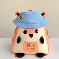 Detail of orange cartoon fox backpack for kids with blue sun hat and beehive embroidery - Orange