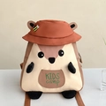 Detail of cute squirrel kids backpack with plush paws and KIDS camp embroidery on pocket - Brown