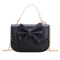 Chic black girl's crossbody bag with elegant bow detail and pearl carry handle - Black