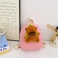 Pink mini canvas kids backpack featuring a cute 3D plush capybara doll accessory - Pink
