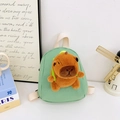 Mini sage green canvas backpack for kids featuring a cute plush brown capybara toy - Green