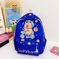 Zaino blu per bambini con capibara dei cartoni animati in bici e scritte arancioni - Blu