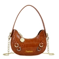 Brown faux crocodile leather saddle bag for girls with gold chain and top handle - Brown