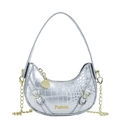 Silver crocodile texture crescent crossbody bag for girls with golden chain strap - Silver