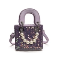 Sweet purple sequin mini handbag for girls featuring large pearl handle and silver chain - Small / Purple