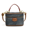 Blue denim mini handbag with red leather handle and brown trim for girls - Denim Bare Bag