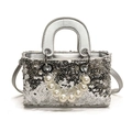 Mini borsa per bambina con paillettes argento, catena di perle e manico in metallo - Grande / Argento
