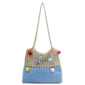 Borsa a tracolla all'uncinetto con pompon colorati e design a blocchi blu e beige - Azzurro