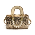 Mini champagne sequins girl handbag with pearl handle and metal leather strap - Large / Gold