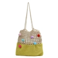 Borsa tote all'uncinetto crema e gialla decorata con pompon colorati vivaci - Verde Senape