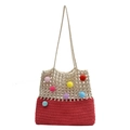 Beige and red crochet hollow shoulder bag with colorful pompoms for summer beach - Red