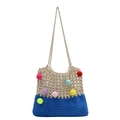 Handmade crochet tote bag with beige hollow knit, navy base and colorful pom-poms - Dark Blue