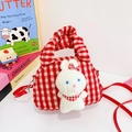 Bolso infantil de felpa a cuadros rojos con conejo blanco y correa de hombro ajustable - Conejo de Cuerpo Completo