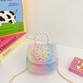 Girls' gradient handbag with pearl flower and gold chain strap in pastel colors - Purple Flower