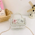 White tweed girls crossbody bag with pink satin rose, pearl handle, and lace trim - White Flower