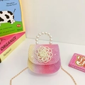 Pink and yellow gradient girl's shoulder bag with pearl flower and gold chain strap - Pink Flower