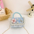 Light blue tweed girls cross body bag with pearl handle and pink floral decor - Blue Flower