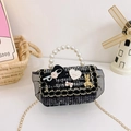 Mini crossbodytas voor kinderen van tweed met parelhandvat en zwarte strik stijl - Zwart Konijn