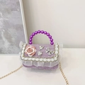 Purple tweed girls crossbody bag with pearl handle and floral bow decoration - Purple Flower